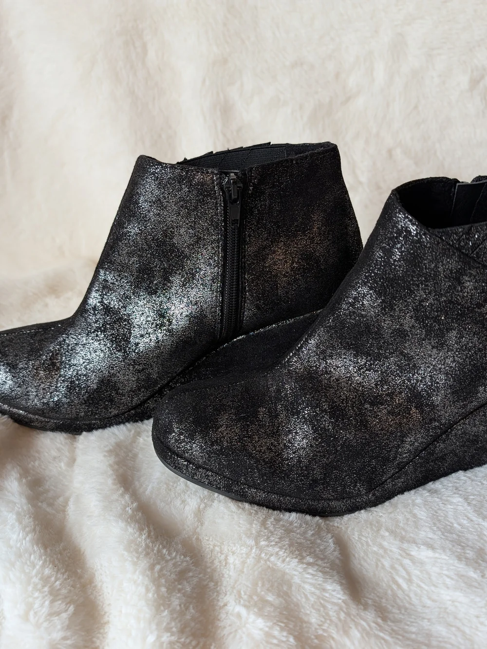 Sparkle Black Wedge Ankle Booties with Side Zip